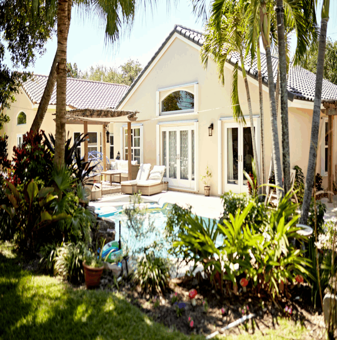 Luxurious backyard with palm trees
